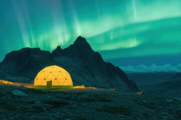 Cozy igloo illuminated under the vibrant aurora borealis sky