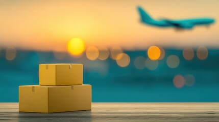 Packages ready for shipping at sunset near the airport runway
