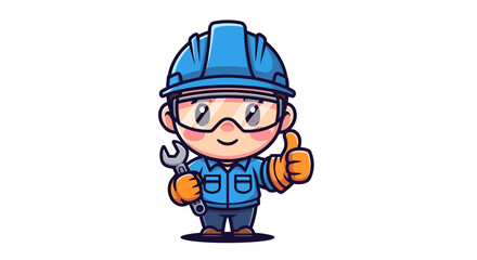 Fototapeta premium A cartoon builder with safety equipment giving the thumbs up and holding a wrench tool