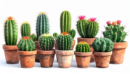 A potted cactus garden with multiple small species realistic texture white background with clean lighting
