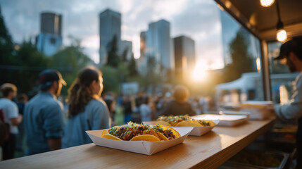 Food Truck Frenzy: A low angle view of people lining up at a food truck with taco trays napkins and towering city structures in the background. three quarter wide angle