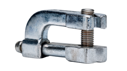 Side view of C-clamp gripping a metal workpiece background isolated on a Transparent background, PNG file.