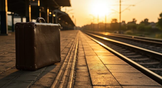 A vintage suitcase sits on a train platform at sunset, bathed in warm golden light, creating a peaceful and nostalgic atmosphere.