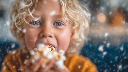 Naklejka premium Child enjoying popcorn during festive winter celebration indoors