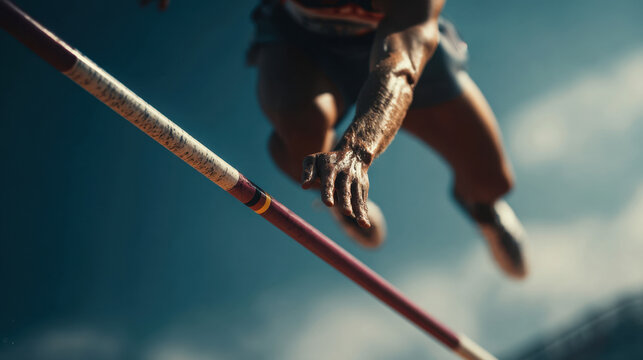 High jumper leaping over bar with deination under bright blue sky showcasing athleticism and dynamic movement in a competitive sports setting.
