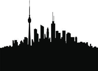Black silhouette of city skyline with communication tower and buildings white background.




