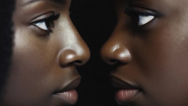 A close-up shot of two women looking directly at each other, with no background distractions