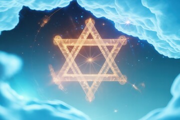 Glowing star of david symbol in a cosmic nebula with swirling blue clouds