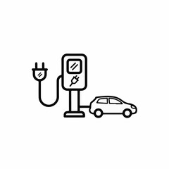 Electric vehicle charging station outline, showing electric car connected to charger. Electric vehicle depicts car with charger plugged in to its charging port.