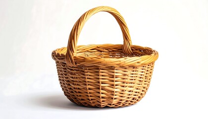 A round woven basket against a plain background