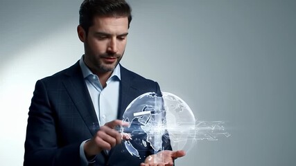 Businessman In Dark Blue Suit Holding Holographic Globe With White Background For Technology And Global Business Solutions - Powered by Adobe