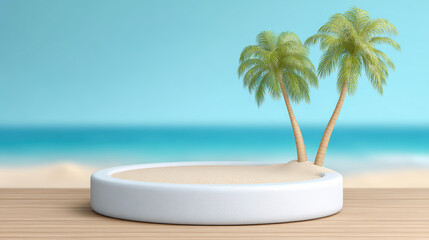Obraz premium Round podium sand palm tree tropical summer beach blue sky ocean relaxing scene minimal