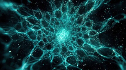 Intricate digital artwork resembling cellular structures or neural networks in dark space with glowing cyan lines formin