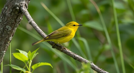 Fototapeta premium Yellow bird perched on branch