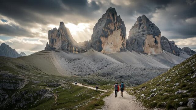 Hikers on a trail with dramatic tre cime di lavaredo mountains