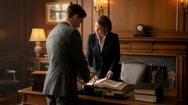 Woman and man lawyers working together in a law office, consulting documents and preparing legal case for court in a video