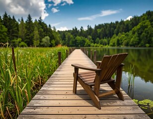 Obraz premium Wooden Adirondack chair on a pier over a tranquil lake