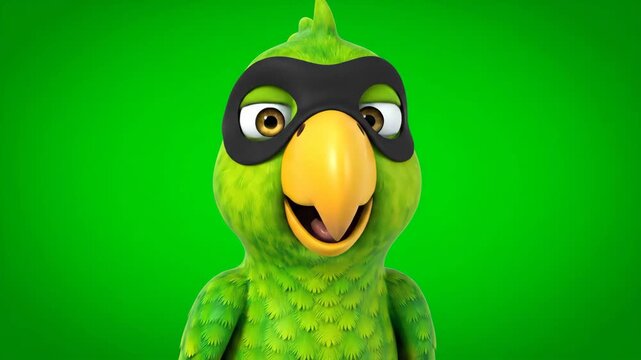 Cartoon Parrot Thief Mask Green Screen - A 3D video green parrot wearing a black thief mask is shown against a green screen background.