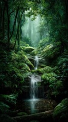 Obraz premium Enchanted Forest Waterfall: Lush Green Canopy, Cascading Water, Soft Light