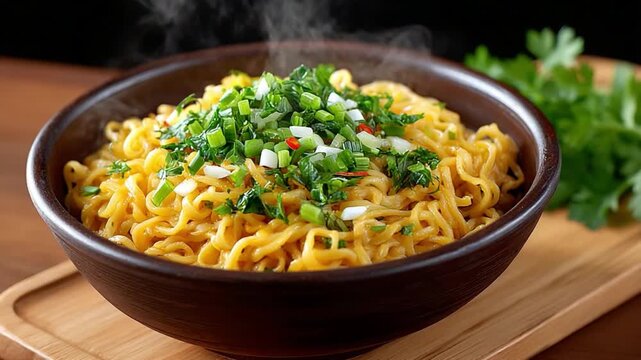 Steaming Noodles with Fresh Greens: A close-up studio shot features a savory bowl of steaming noodles, perfectly complemented with fresh green herbs.