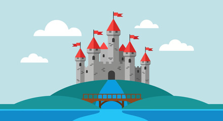 Obraz premium Illustration of a majestic castle with red flags atop a green hill, overlooking a tranquil blue lake and a wooden bridge