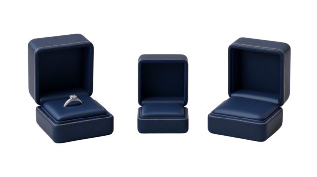 Set of Jewelry Ring Boxes with Diamond Ring Isolated on Transparent Background