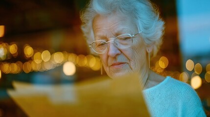 Elderly woman reading a menu in a softly lit cafe during the evening