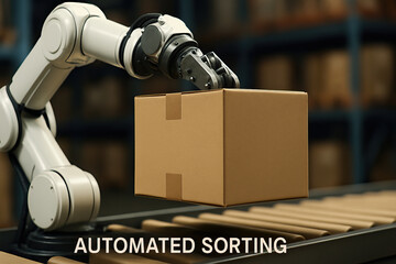 Automated robotic arm lifting cardboard box in warehouse sorting line, industrial logistics scene with conveyor and storage shelves, efficient mechanical handling and packaging