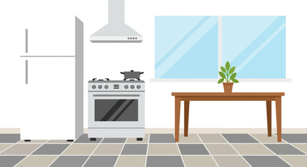 Clean and bright modern kitchen interior with essential home appliances and furniture. Vector illustration of a domestic cooking space with a window view