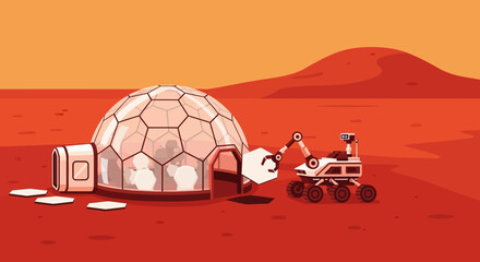 Futuristic Mars scene an advanced robotic rover constructs a geodesic dome, marking the beginning of human settlement and space colonization on the red planet