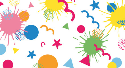 Playful explosion of geometric shapes and splatters creates a vibrant seamless design