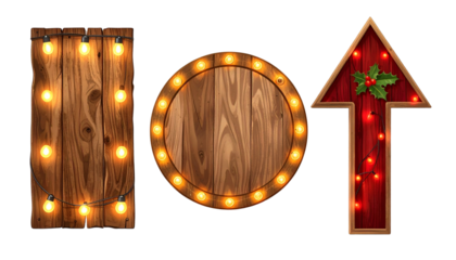 Three festive Christmas wooden signboard with lights variations isolated on transparent background