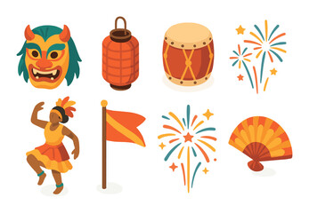 Colorful carnival celebration with dancing figure, vibrant mask, drum, and fireworks