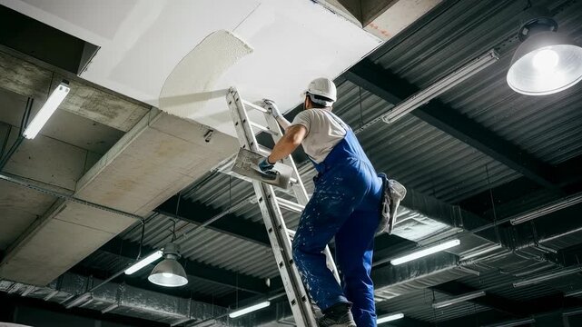 Man plasterer standing on ladder and plastering ceiling during construction and renovation, building works footage