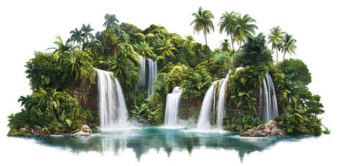 Tropical island with palm trees and cascading waterfalls, isolated on transparent cutout background