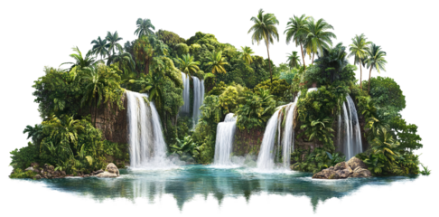 Tropical island with palm trees and cascading waterfalls, isolated on transparent cutout background
