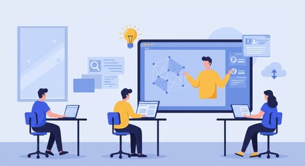 Fototapeta premium A modern workplace setting, showcasing a group of people engaged in online collaborative learning. The visual depicts an active learning environment with various digital tools and resources.