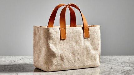Beige handbag with soft fabric and brown leather straps