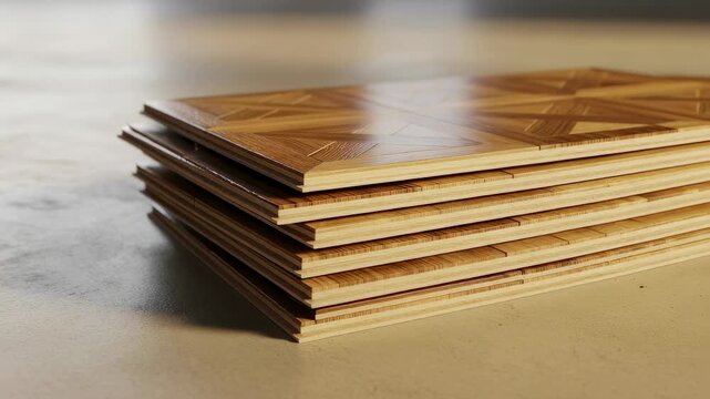Stack of wood parquet flooring panels on a concrete floor with light and shadow movement, a construction and renovation concept.