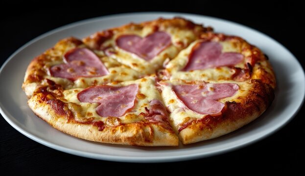 Heart-shaped ham slices on a pizza