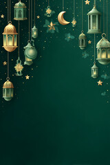 Naklejka premium Ornate lanterns hanging against a deep green background with stars and butterflies, evoking tranquility