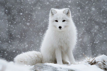 Naklejka premium Pristine White Arctic Fox with Dark Eyes Gazing Through a Swirling Snowfall