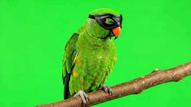 Parrot Pirate with Mask on Green Screen - A green parrot wearing a black burglar mask perches on a branch against a bright green chroma key background.