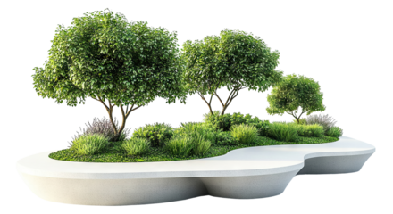 Urban landscaping bench with trees and bushes, isolated on transparent cutout background