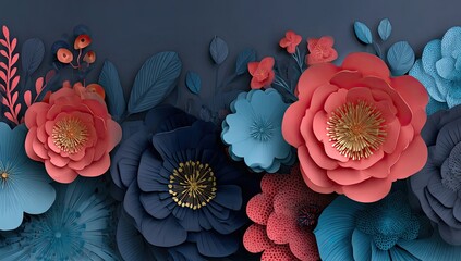 Floral paper art border.  Dark background with a horizontal row of  3D paper flowers in coral, teal, and navy blue.  Intricate layers create depth and texture.  Small leaf and berry accents