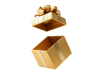 Open golden gift box with decorative ribbon, isolated on transparent cutout background