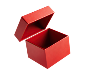 Open red gift box floating in air, isolated on transparent cutout background