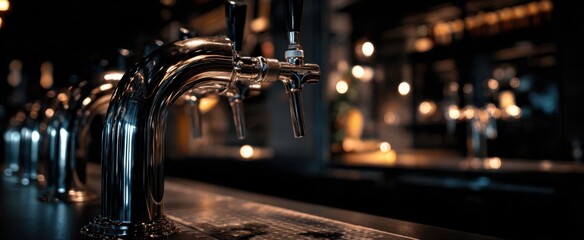 The beer taps on a polished bar counter with moody bokeh lighting