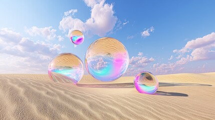 Surreal 3D rendering of floating crystal spheres above desert landscape, experimental artistic abstract concept in high-resolution visual design