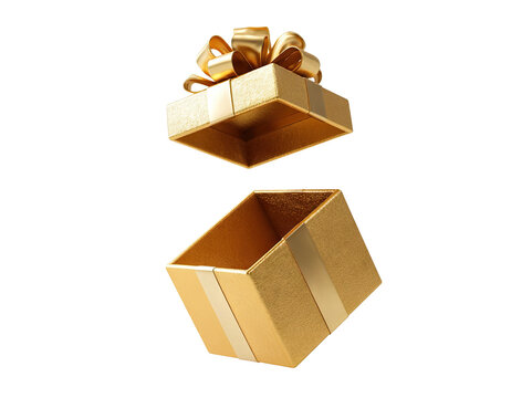 Open golden gift box with decorative ribbon, isolated on transparent cutout background - Powered by Adobe
